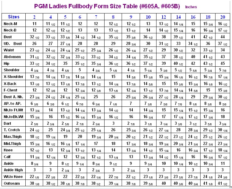 PGM Female Fullbody Dress Form Size Measurement