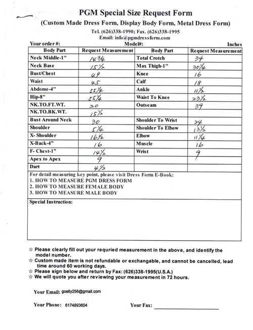 Dress Form Custom Made Measurement Large Women Form