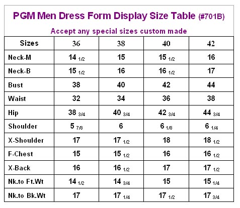 PGM Male Dress Form Display Size Table