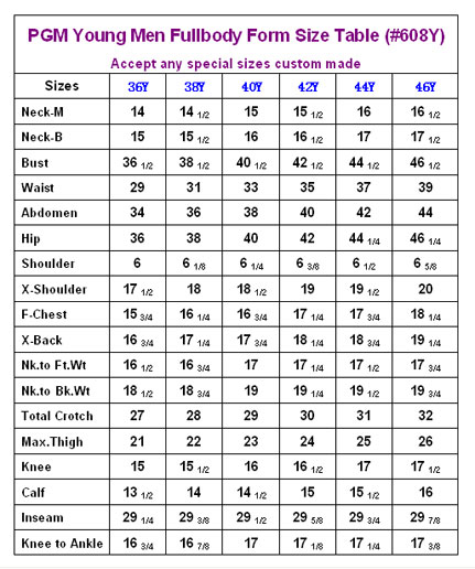 PGM YoungMen Fullbody Dress Form Size Table