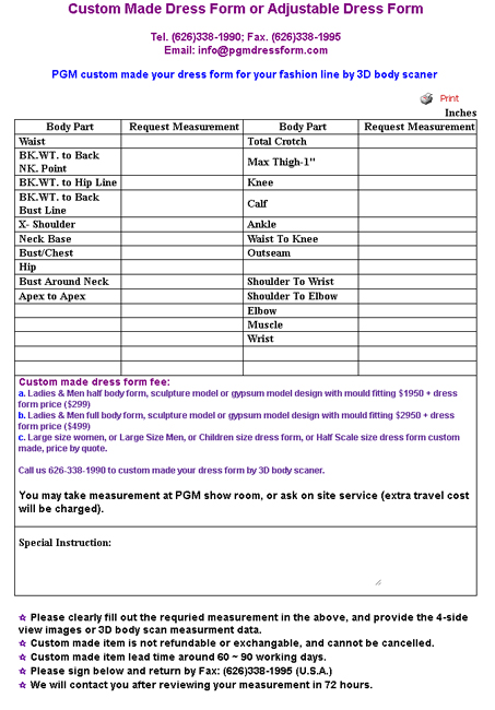 PGM Custom Made Dress Form, Special Size Request, Dress Form Measurement Chart